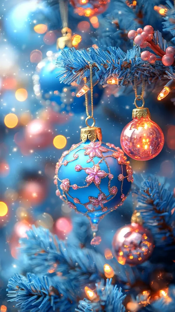 Here's a description of the image:

A close-up shot captures a beautifully decorated Christmas tree, its branches a vibrant blue.  Two prominent ornaments hang from the branches: a larger, intricately designed blue bauble adorned with pink floral accents, and a smaller, translucent pink orb that glows warmly from within.  The tree is illuminated by warm, bokeh-like lights, creating a magical, festive atmosphere.  Subtle snowfall adds a touch of winter magic to the scene.  The overall color palette is cool, with the blue of the tree and the larger ornament contrasting nicely with the warm glow of the lights and the pink ornaments.