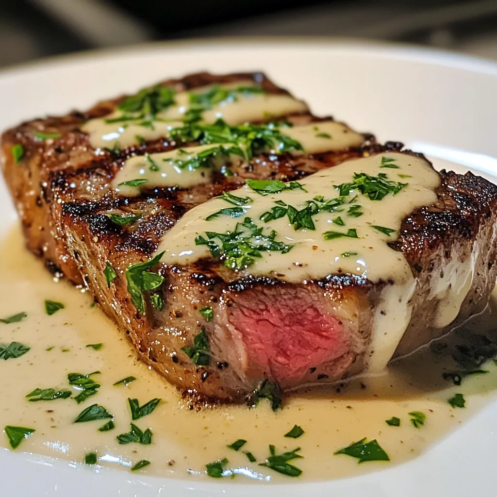 A delectable grilled steak, cooked to a perfect medium-rare, is elegantly presented on a white plate.  It's generously drizzled with a creamy, light-colored sauce, possibly Béarnaise or a similar variation, speckled with fresh, finely chopped parsley.  The steak's grill marks are clearly visible, indicating a flavorful sear. The image showcases the juicy interior of the meat contrasting beautifully with the rich sauce.  The overall presentation is visually appealing and suggestive of a fine dining experience.