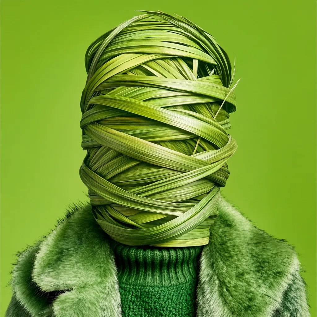 Here's a description of the image:

The photograph shows a person whose face is completely obscured by a tightly wound mass of long, bright green, plant-like strands.  The strands are interwoven and create a cylindrical shape covering the head and upper torso.  The individual is wearing a matching vibrant green fur coat or jacket.  A portion of a similarly colored green turtleneck is visible beneath the plant material. The backdrop is a solid, lime green. The overall effect is striking and slightly surreal, suggesting a theme of nature, concealment, or environmental consciousness.