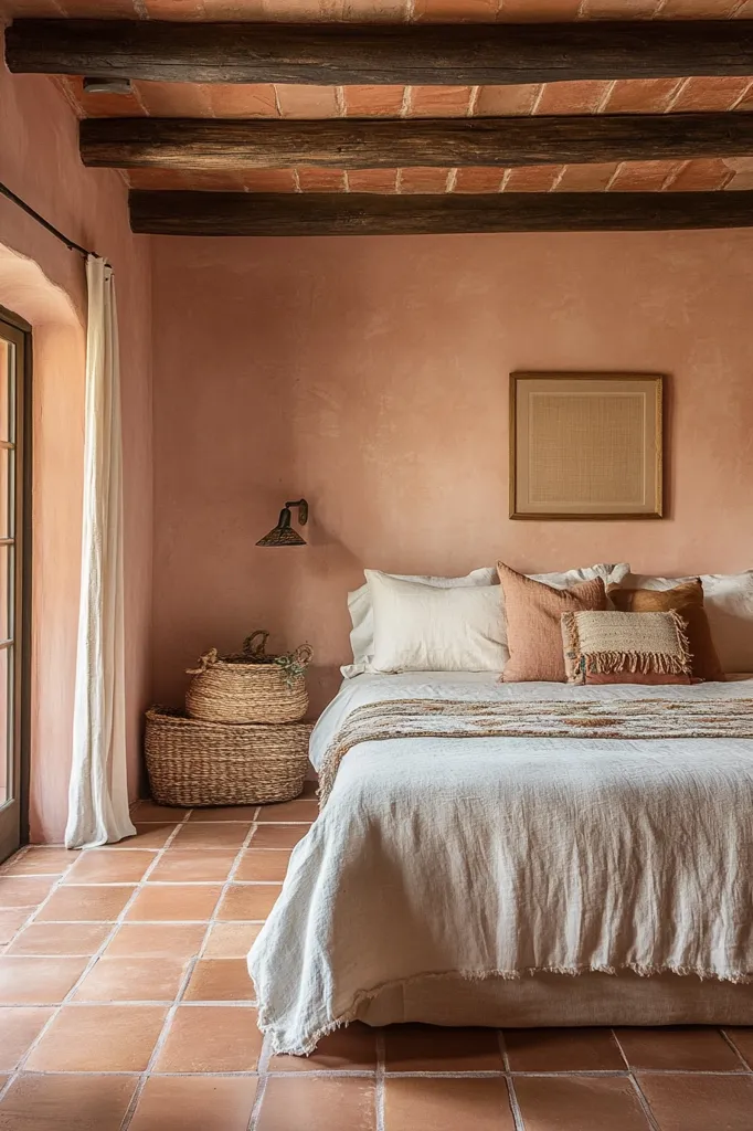 A bedroom with terracotta tile flooring and blush-pink walls features a large bed dressed in a simple linen duvet and layered with neutral-toned pillows.  The ceiling boasts exposed wooden beams against terracotta tiles.  Two woven baskets sit on the floor near a sheer white curtain that hangs beside a doorway. A framed piece of art hangs on the wall above the bed. The overall aesthetic is minimalist and serene.