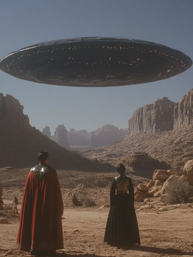 A large, dark, saucer-shaped spacecraft hovers silently over a desolate, rocky landscape.  Two figures, a man in a red cloak and a woman in a dark gown, stand with their backs to the viewer, observing the ship.  Other smaller figures are visible in the distance, adding to the sense of scale and mystery. The scene is set against a clear, pale sky, creating a dramatic and otherworldly atmosphere.  The overall impression is one of anticipation and possibly apprehension.