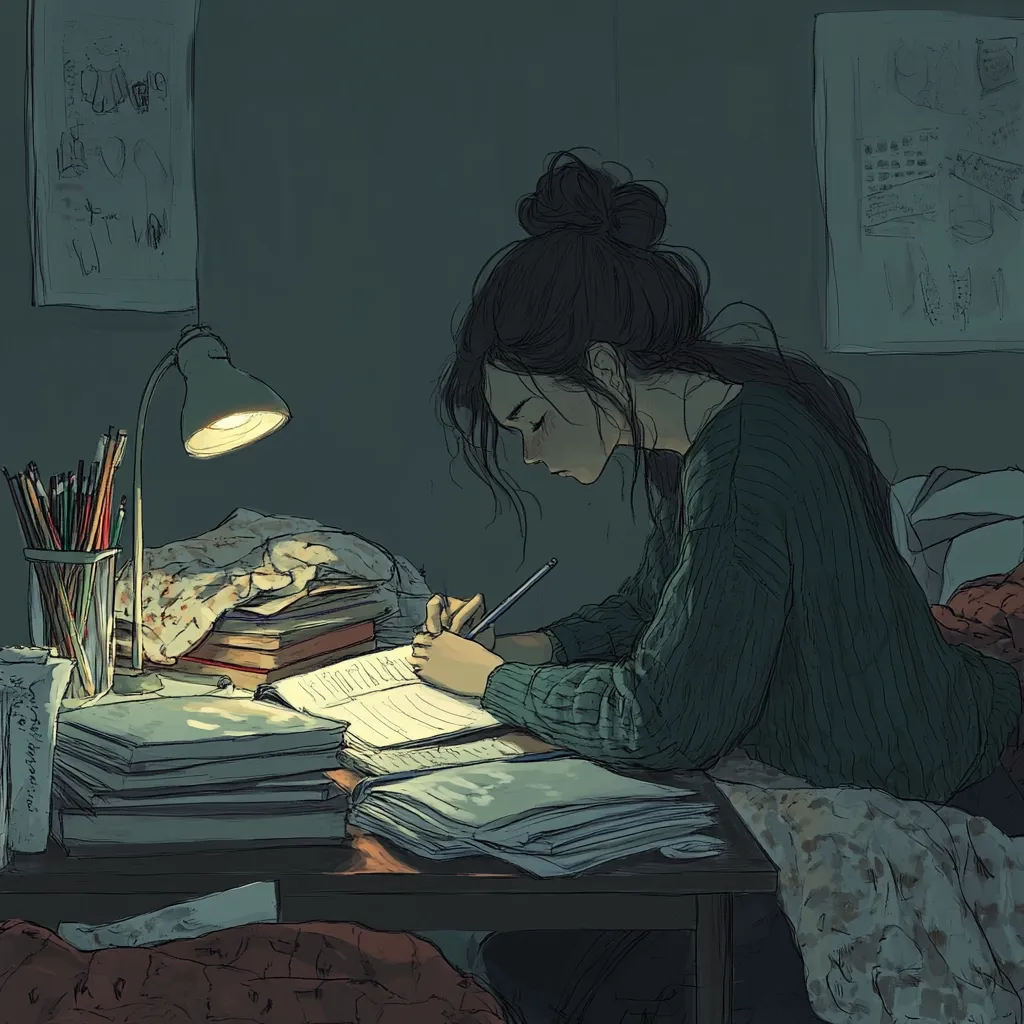 The illustration depicts a young woman, her dark hair pulled back in a bun, diligently working at a desk bathed in the soft glow of a desk lamp.  Surrounded by a stack of books and notebooks, she intently writes in a journal, her focused expression highlighted by the dim, atmospheric lighting. The overall mood is one of quiet concentration and late-night study, enhanced by the muted color palette and cluttered yet cozy study space.