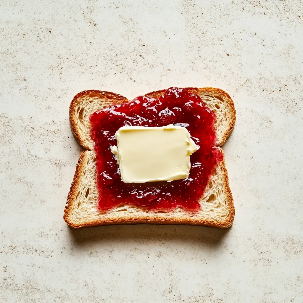 Here's a description of the image:

A single slice of toasted bread,  lightly browned, is topped with a generous spread of vibrant red jam.  Centered on the jam sits a small, square pat of pale yellow butter. The bread and toppings are arranged on a textured off-white surface, providing a simple, clean background that contrasts with the rich colors of the jam and butter. The overall impression is one of simple, wholesome breakfast fare.
