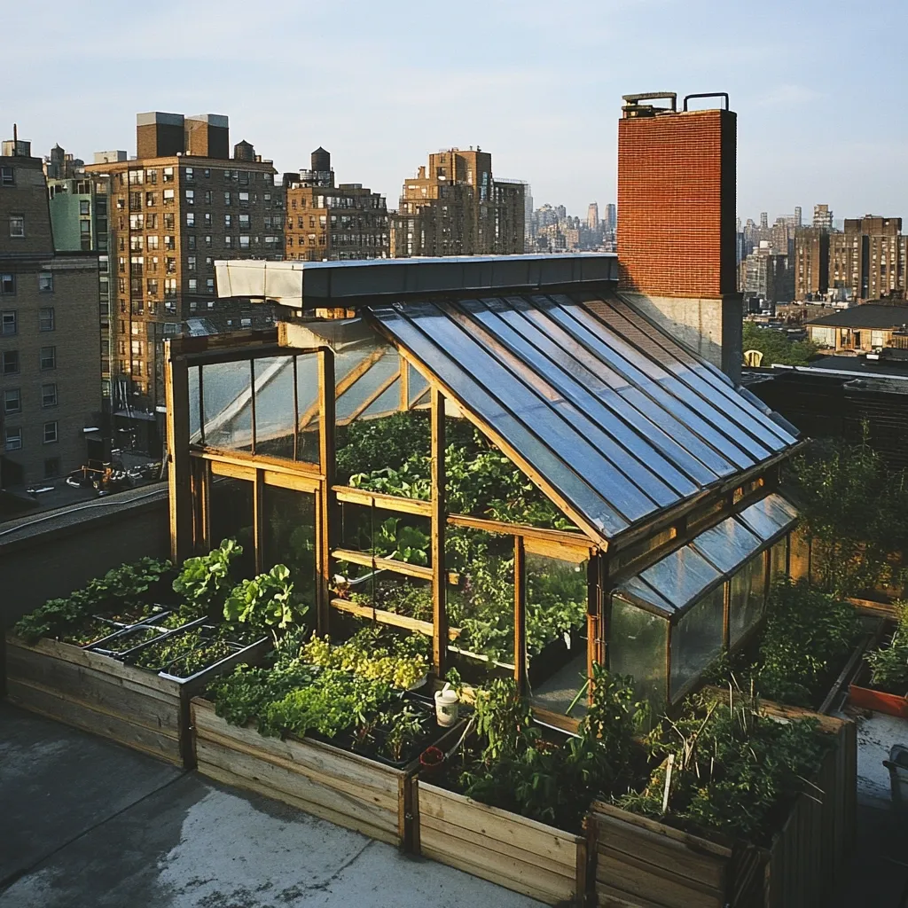 Here's a description of the image:

A rooftop greenhouse, constructed of wood and glass, sits atop a city building.  It's filled with a variety of thriving green plants, suggesting a vibrant urban garden.  The greenhouse is surrounded by raised wooden planter boxes, also brimming with vegetation.  The backdrop reveals a cityscape of brick apartment buildings under a partly cloudy sky, illustrating a successful integration of nature into an urban environment.  The overall scene is bathed in warm, golden sunlight.