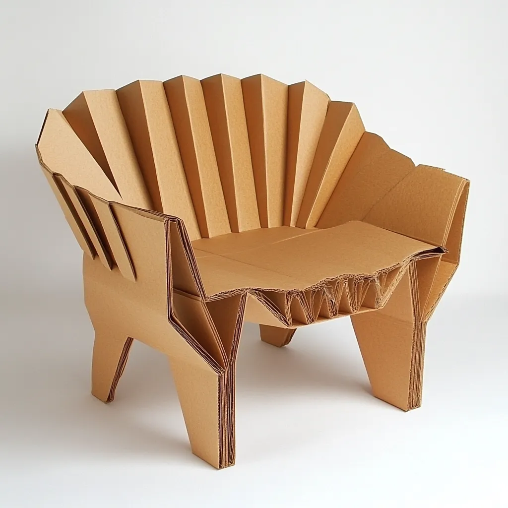 Here's a description of the image:

The photograph shows a unique chair crafted entirely from corrugated cardboard.  Its design is angular and geometric, with a pleated, fan-like back that forms a striking visual centerpiece.  The seat is a flat, rectangular surface supported by sturdy, folded cardboard legs. The chair's overall aesthetic is minimalist and modern, showcasing a surprising level of structural integrity achieved using only cardboard.  The light brown color of the cardboard is consistent throughout, highlighting the intricate folds and creases that form the chair's structure. The chair sits on a plain white background.