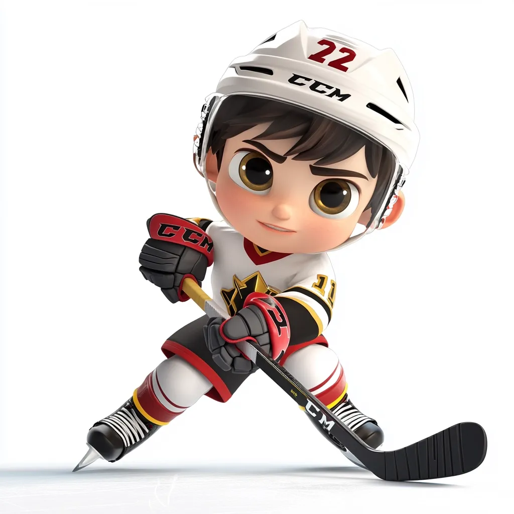Here's a description of the image:

The image shows a charming, stylized 3D rendering of a young hockey player.  He's depicted in a dynamic pose, crouched low, stick in hand, ready to shoot.  The character is cute, with large eyes and a determined expression. He wears a white helmet with the number "22" and "CCM" branding,  a red and gold jersey, and hockey gloves and skates, all also bearing the CCM logo.  His jersey displays a stylized maple leaf emblem. The overall style is playful and cartoonish, suggesting a children's product or animation. The background is pure white, focusing attention on the character.