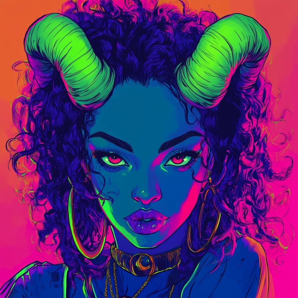 Here's a description of the image:

The artwork is a vibrant, stylized portrait of a dark-skinned woman with bright, neon colors dominating the palette.  Her curly hair is voluminous, framing a face with intense, red-tinged eyes.  She's adorned with large, neon-green horns, and wears hoop earrings and a choker necklace. The background is a contrasting, warm orange-pink, enhancing the overall psychedelic effect.  The style is bold and graphic, reminiscent of comic book art or digital illustration, with a focus on strong lines and saturated colors.  Her expression is direct and confident.