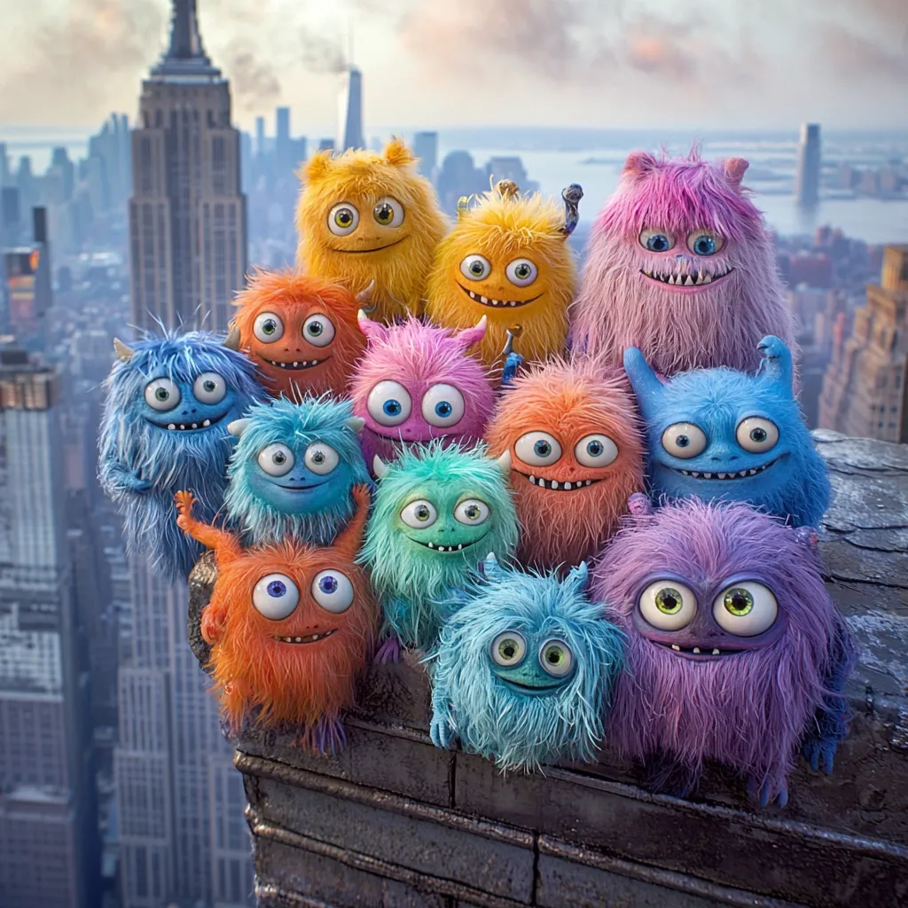 A large group of colorful, furry monsters are huddled together on a rooftop overlooking the New York City skyline.  The Empire State Building is prominently visible in the background.  The monsters are various shades of blue, purple, orange, and pink, each with large, expressive eyes. They appear friendly and playful, creating a whimsical contrast against the urban backdrop. The overall image is vibrant and cheerful.