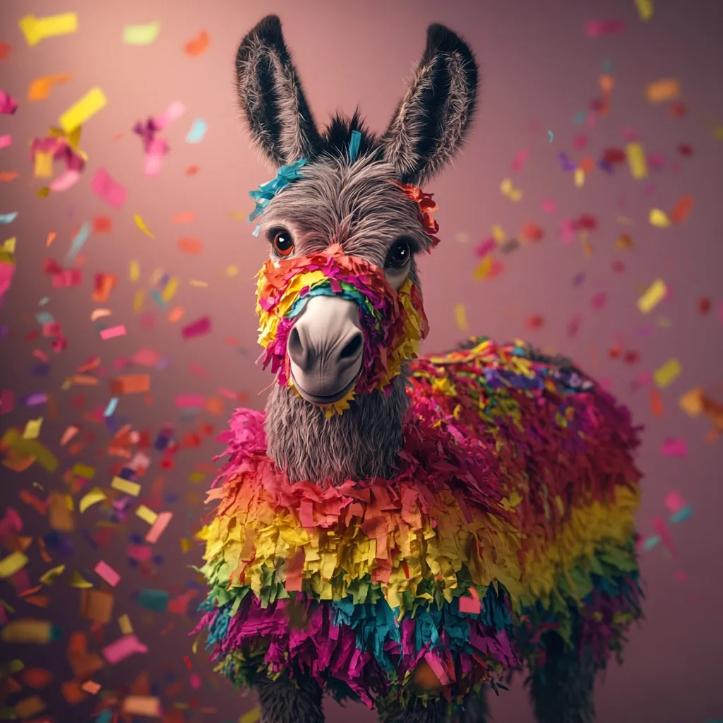 Here's a description of the image:

A donkey, rendered in realistic detail, is playfully dressed as a piñata.  The donkey's face peeks out from a vibrant, multicolored covering of shredded crepe paper, typical of a festive piñata.  Confetti, mirroring the piñata's colors, floats around it against a muted pink background, creating a celebratory atmosphere. The donkey's expression is calm and engaging, adding a humorous element to the scene. The overall image is high-quality, digitally created artwork.