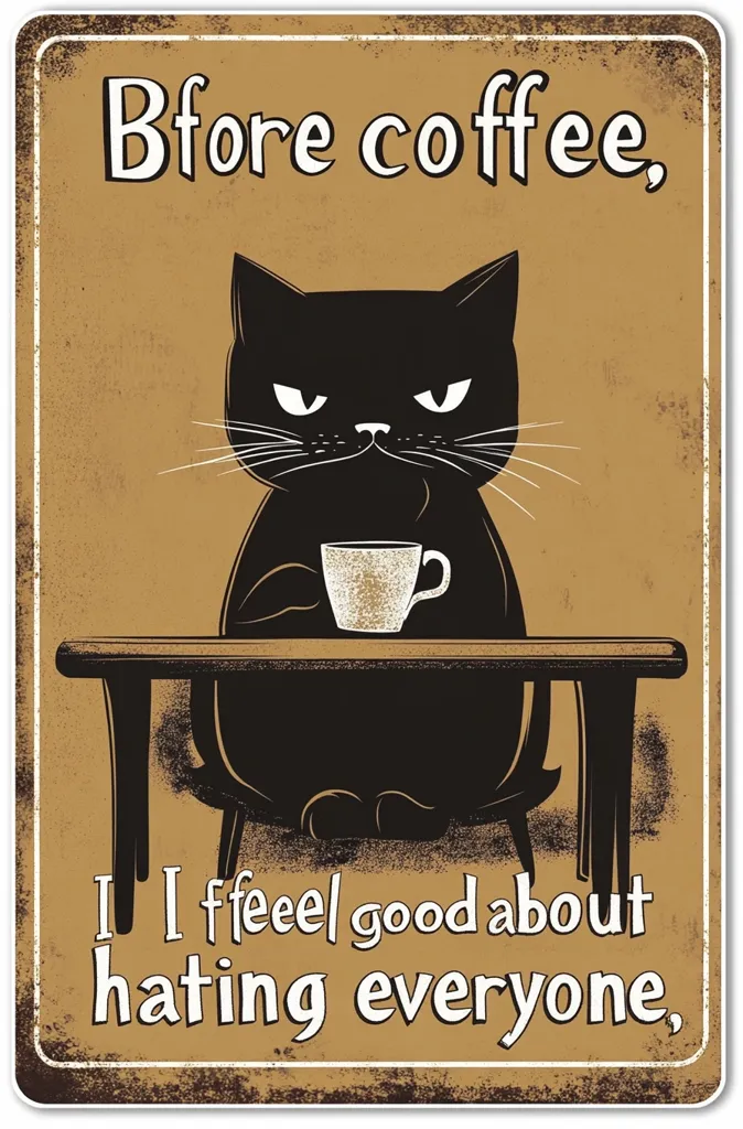 Here's a description of the image:

The image is a vintage-style metal sign featuring a grumpy-looking black cat sitting at a small table, holding a mug. The background is a muted gold-brown. Above the cat, the text reads "Before coffee," and below, it says, "I feel good about hating everyone." The style is humorous and slightly cynical, with a distressed look to the edges and text to mimic aged metal. The overall tone is darkly comedic, playing on the idea of pre-coffee grumpiness.