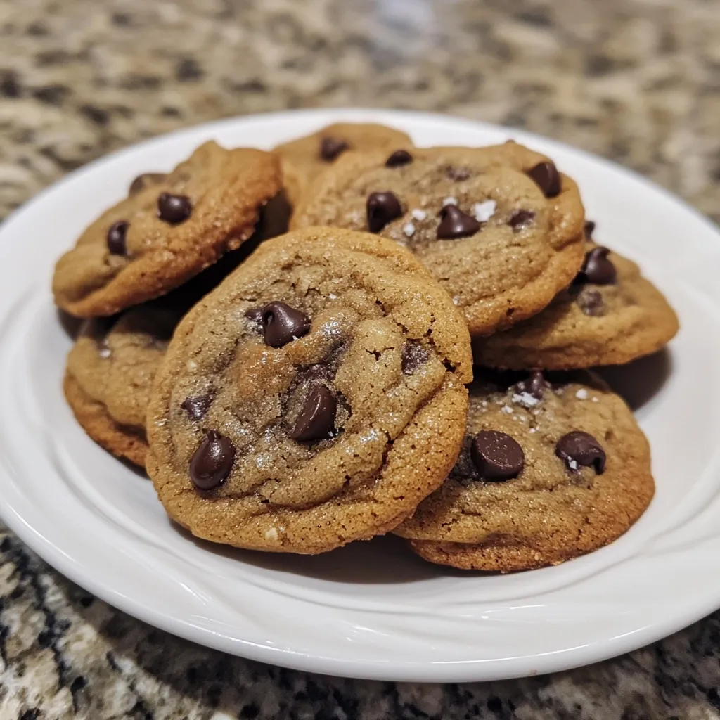 A close-up shot reveals a stack of seven warm, golden-brown chocolate chip cookies on a white plate.  The cookies are slightly puffy and appear soft and chewy.  Some cookies show a sprinkling of sea salt on top.  They are nestled together on the plate, which rests on a mottled granite countertop. The overall image evokes a feeling of homey warmth and deliciousness.