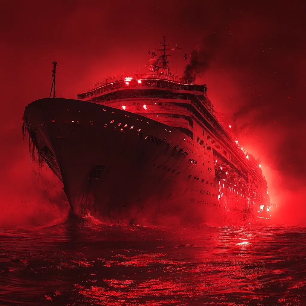 A large cruise ship, seemingly damaged and distressed, dominates a crimson-hued seascape.  The ominous red light bathes the vessel and the turbulent water, creating a dramatic and eerie atmosphere.  Smoke or steam rises from the ship, adding to the sense of urgency and potential disaster.  The overall impression is one of impending doom or a post-apocalyptic scene.