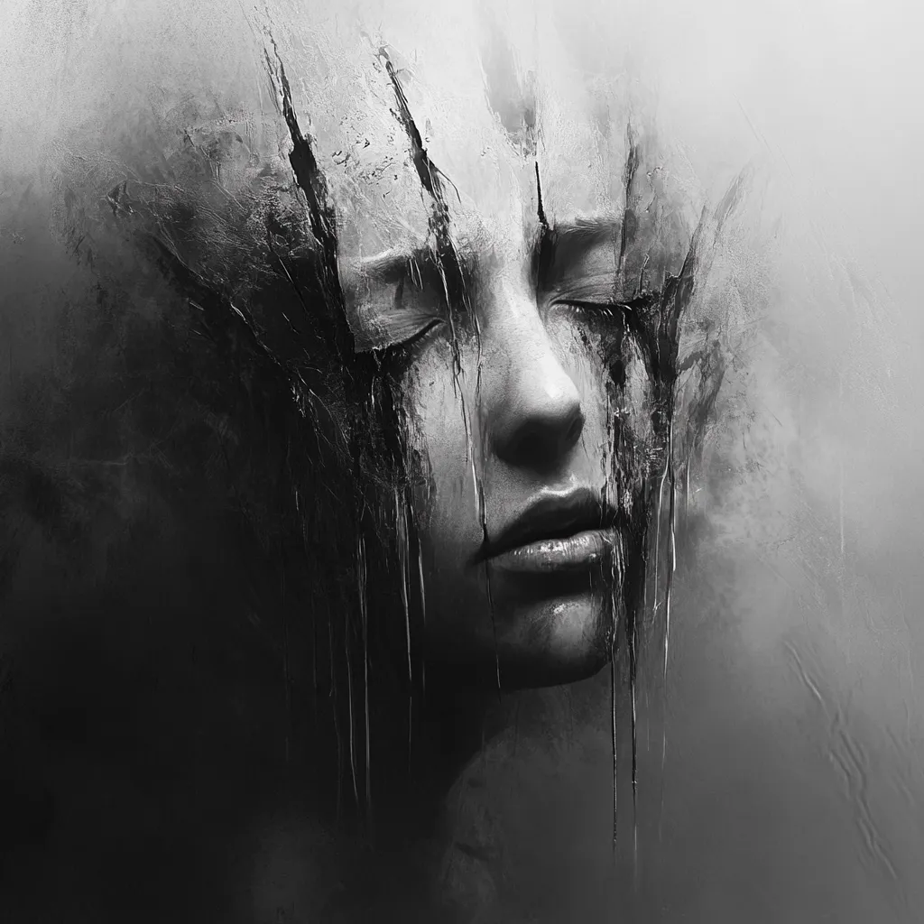 The monochromatic artwork depicts a woman's face, seemingly melting or dissolving.  Dark, viscous streaks cascade down her closed eyes and cheeks, contrasting with the lighter, textured areas representing skin.  The overall effect is one of distress or decay, creating a somber and unsettling mood. The style is abstract and expressionistic, emphasizing emotion over precise detail. The background is a hazy, indistinct gray, further isolating the fragmented face within the frame.