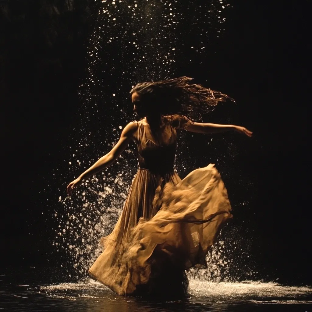 A woman in a flowing, tan gown dances expressively in a dark setting.  Water splashes around her as she moves, her long hair tossed by the motion.  The backdrop is black, with water droplets illuminated, creating a dramatic contrast against her silhouette. The overall mood is one of ethereal grace and powerful movement.
