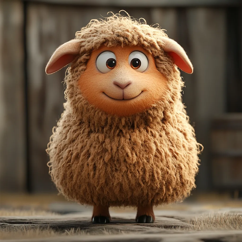 Here's a description of the image:

The image shows a charming, cartoon-rendered lamb.  Its fur is a light brown, thick and fluffy, giving it a soft and cuddly appearance.  The lamb has large, expressive brown eyes, and a small, upturned nose and mouth, creating a friendly and cheerful expression.  It's standing on a rustic, wood-like surface, with blades of grass visible in the foreground. The background is blurred but suggests a rustic barn setting.  The overall style is heartwarming and appealing, with a focus on the lamb's adorable features.