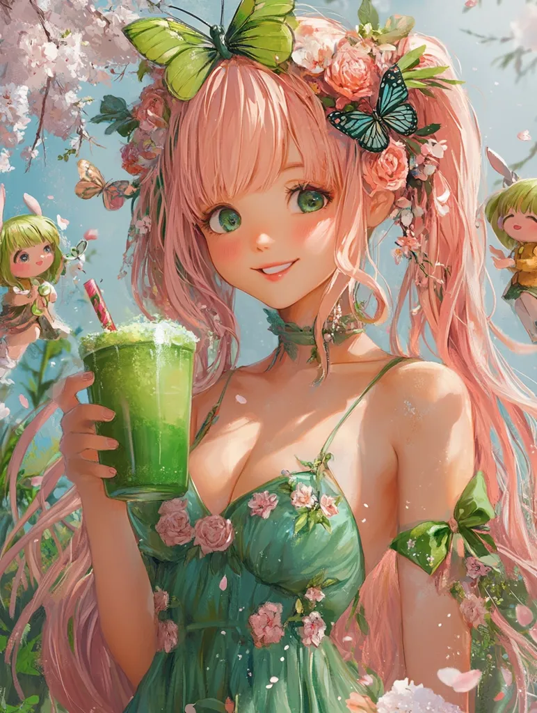 Here's a description of the image:

The illustration depicts a young anime-style girl with long, light pink hair adorned with flowers and butterflies. She's wearing a flowing, green sundress embellished with pink roses and holds a green smoothie.  Her expression is sweet and cheerful.  The background features a blossoming cherry tree and smaller, fairy-like creatures. The overall style is whimsical and vibrant, suggestive of springtime and nature. The color palette is soft and pastel, enhancing the dreamy atmosphere.