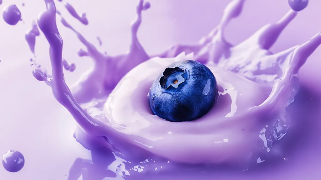A vibrant image showcases a single blueberry nestled in the heart of a lavender-hued liquid splash. The liquid, possibly yogurt or milk, creates dynamic, swirling patterns as it explodes outwards. The contrast between the deep blue of the berry and the light purple of the liquid is striking.  The scene is clean, bright, and suggests freshness and a delicious, possibly fruity, treat. The overall effect is visually appealing and appetizing.