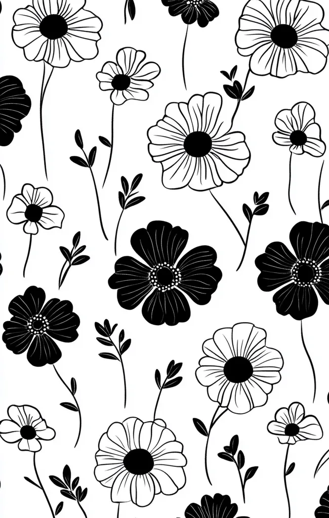 Here's a description of the image:

The image showcases a seamless pattern of stylized flowers in black and white.  Various flower shapes, some with dark petals and black centers, others with light petals and dark centers, are scattered across a white background.  Simple, delicate stems and leaves accompany each bloom, creating a balanced and repetitive floral design. The style is minimalist, with a focus on clean lines and contrasting colors. The overall impression is one of elegance and simplicity.