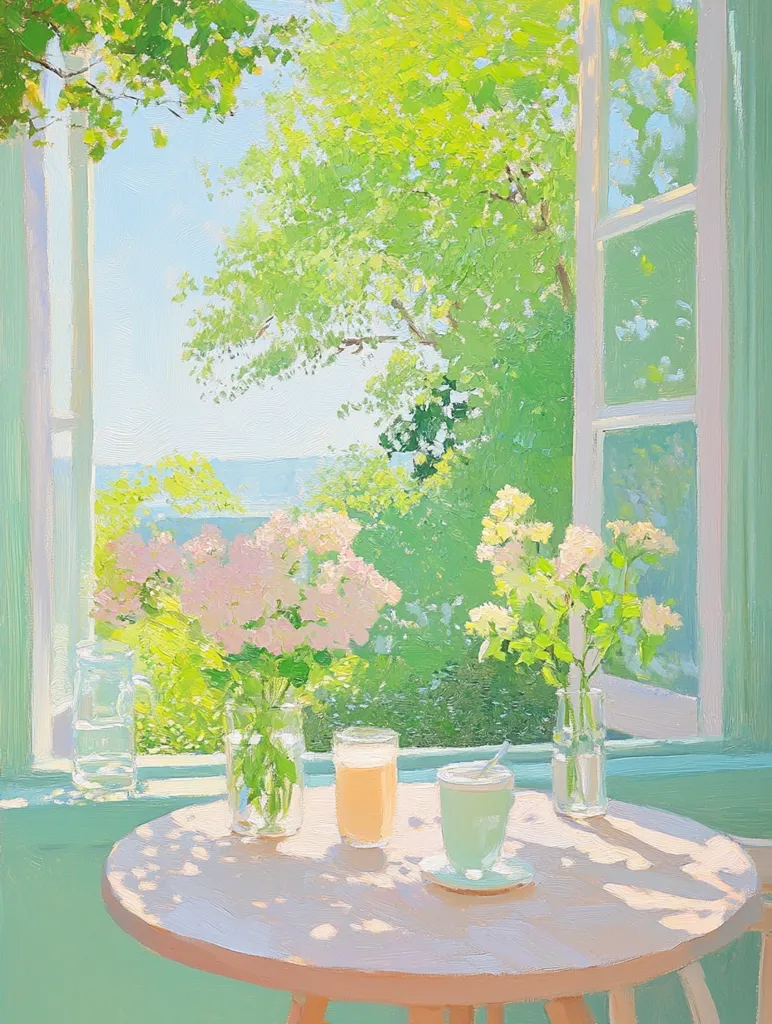 Sunlight streams through an open window, illuminating a small, round table set for two.  Two glasses, one orange and one pale green, sit beside bouquets of delicate pink and white flowers in glass vases. The window looks out onto a lush green landscape, with trees and a glimpse of a calm body of water in the distance. The scene is painted in a soft, impressionistic style, emphasizing light and color. The overall mood is serene and peaceful, evoking a sense of tranquility and summer relaxation.