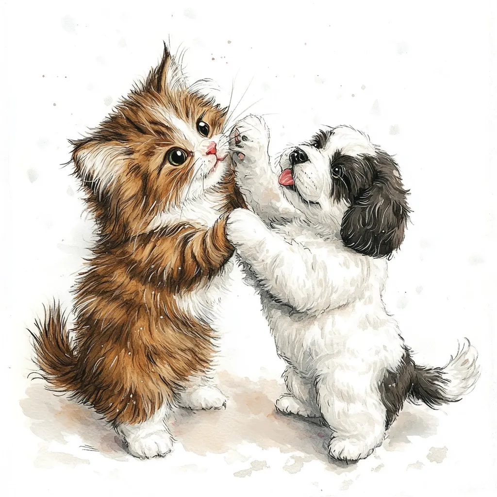 A watercolor painting depicts a playful interaction between a ginger kitten and a fluffy white and black puppy.  The kitten, standing on its hind legs, playfully engages with the puppy, who is also upright. Both animals appear young and cheerful, their expressions mirroring a joyful interaction.  The background is a soft, light wash of color, subtly suggesting a snowy or light-filled environment.  The overall style is whimsical and endearing.
