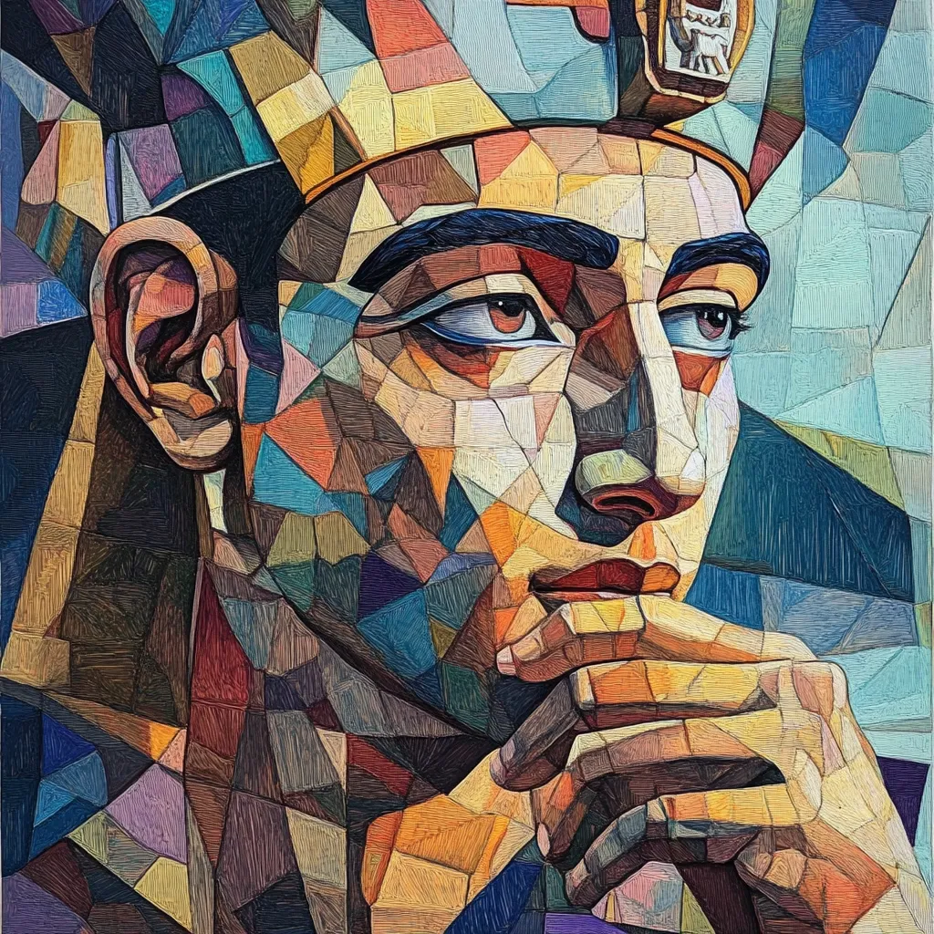 Here's a description of the image:

The artwork is a stylized portrait, seemingly of an ancient Egyptian pharaoh, rendered in a vibrant, cubist manner.  The subject, wearing a headdress adorned with hieroglyphic-like details, is depicted from the chest up, their hand gently resting on their chin in a contemplative pose.  The face and headdress are composed of numerous small, multicolored, textured polygons, creating a mosaic effect. The color palette is rich and varied, employing earthy tones with splashes of bright blues and greens.  The style suggests a modern interpretation of classical portraiture, blending ancient aesthetics with contemporary artistic techniques.