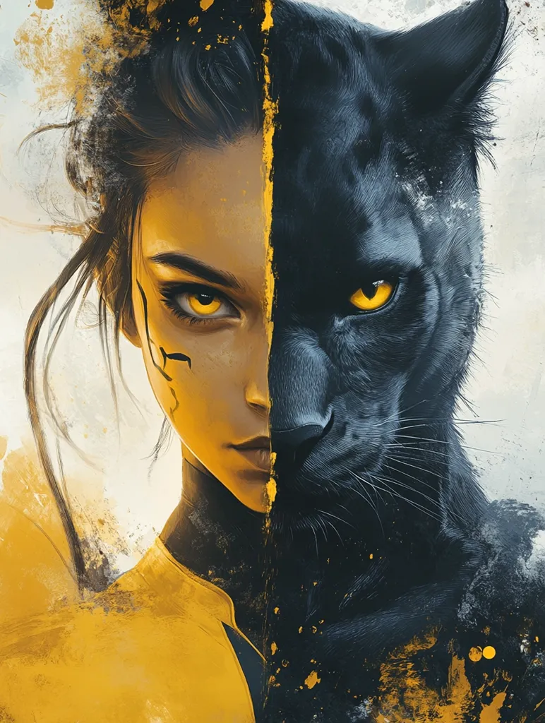 Here's a description of the image:

The artwork is a striking digital painting depicting a woman's face seamlessly merging with that of a black panther.  A vertical line divides the piece, with the woman's face, rendered in warm gold and brown hues, occupying one half.  Her eyes are intense, sharing the panther's bright yellow irises.  The other half shows a powerful black panther with similar piercing yellow eyes.  Both share a fierce, direct gaze. The style is painterly, with visible brushstrokes and splashes of gold paint adding texture and dynamism to the composition, creating a sense of raw energy and primal power.
