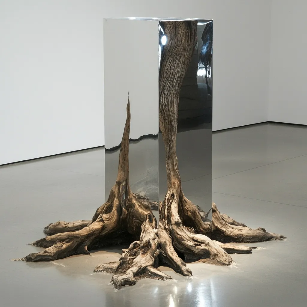 Here's a description of the image:

The artwork presents a striking juxtaposition of nature and industrial materials. A large, polished chrome cube stands vertically, bisected by the gnarled, aged roots of a tree. The roots sprawl outwards, anchoring the metallic pillar to the floor. The chrome reflects the surroundings, blurring the line between reality and reflection. The contrast between the smooth, reflective cube and the rough texture of the weathered roots creates a powerful visual tension, suggesting themes of nature versus technology, or perhaps permanence and impermanence. The piece sits on a minimalist grey floor in a contemporary gallery setting.