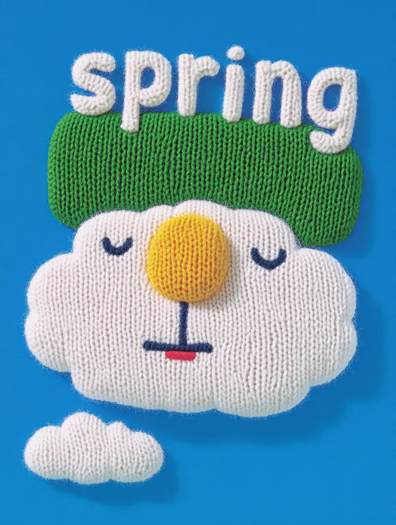Here's a description of the image:

The image showcases a charming, hand-knitted artwork depicting a whimsical cloud.  The cloud, predominantly white, has a simple, expressive face featuring closed eyes, a yellow nose, and a small red mouth.  Atop the cloud sits a green knitted rectangle representing grass, with the word "spring" knitted in white on top.  A smaller, white knitted cloud floats beneath the main cloud, completing the composition against a vibrant blue background. The entire piece is crafted with a textured knit, giving it a cozy and handmade feel.