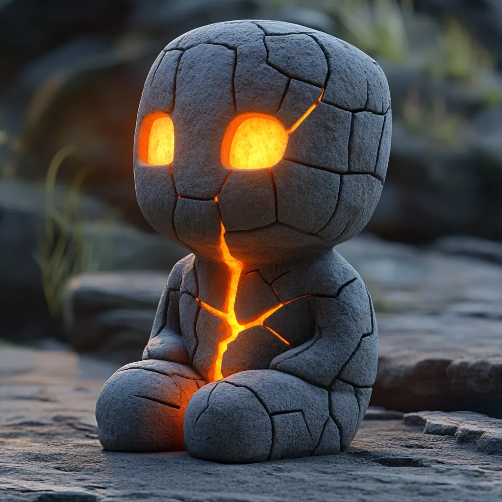 Here's a description of the image:

The image shows a digitally rendered statue of a small, seated figure.  The figure is crafted from a grey, stone-like material that appears cracked and fractured, revealing an inner glow of orange light emanating from a central fissure. The light also illuminates the figure's eyes, giving it an otherworldly or magical quality.  The figure is sitting on a dark, rocky surface, suggesting a natural, possibly mystical, setting. The overall style is reminiscent of fantasy art or digital sculpture.