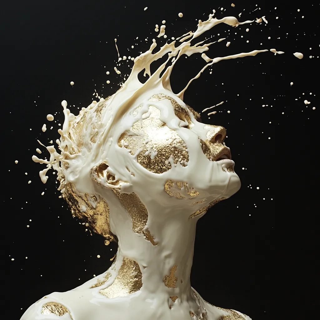 Here's a description of the image:

The photograph showcases a stylized portrait against a stark black background.  A figure, seemingly female, is partially covered in a creamy white substance, which explodes in a dramatic splash above their head.  Gold leaf or paint is artfully incorporated, creating a luxurious, textured contrast against the white. The model's head is tilted back, eyes closed, suggesting a moment of serene immersion. The overall effect is striking, blending beauty, surrealism, and a sense of opulence.