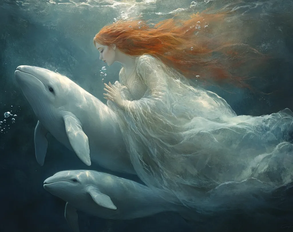 Here's a description of the image:

A fantasy-style painting depicts a serene redhead woman, clad in a flowing white gown, submerged in an ocean. Her long hair streams behind her.  She gently interacts with two pale, almost white dolphins; one larger, beneath which she rests, and a smaller one swimming below.  The water is a tranquil teal, with soft light illuminating the scene, creating a peaceful, ethereal atmosphere. The overall style is painterly and dreamlike.