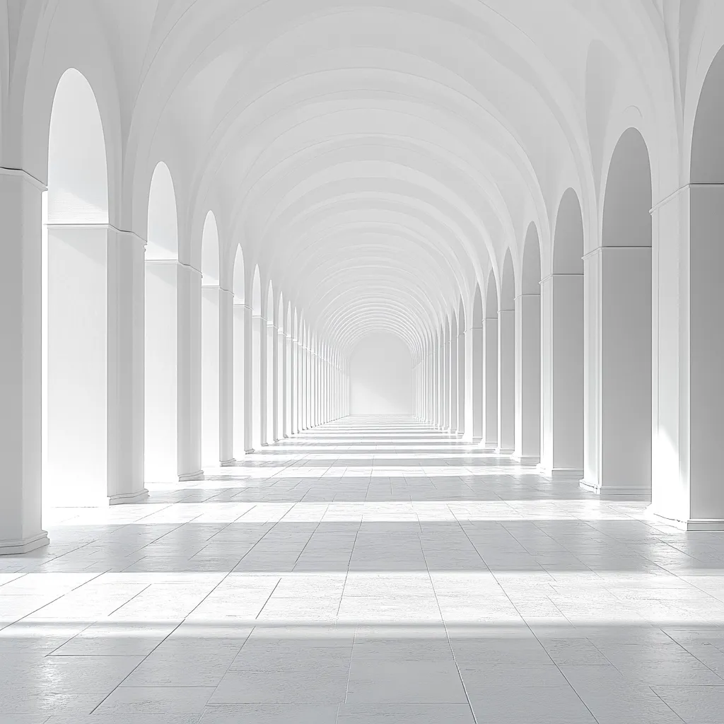 Here's a description of the image:

The image shows a long, elegant colonnade.  White columns and arches recede into the distance, creating a perspective that leads the eye to a bright, almost blinding, light at the far end.  The floor is a pale, tiled surface with subtle shadows cast by the columns. The overall effect is one of pristine simplicity, minimalist architecture, and a sense of calm and grandeur.  The scene is entirely monochromatic, featuring various shades of white.