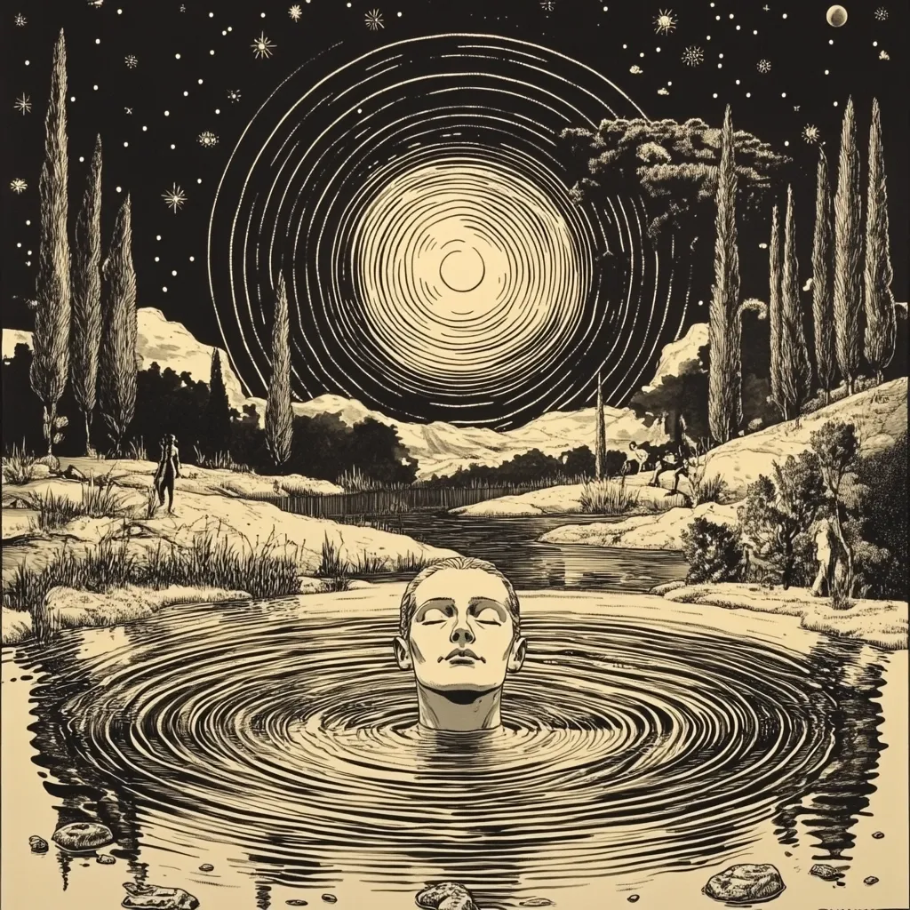 Here's a description of the image:

The artwork is a black and sepia ink drawing depicting a serene yet surreal landscape under a large, radiating moon. A calm body of water dominates the lower half, with concentric ripples emanating from a submerged human head, whose face is serenely upturned. The background showcases a tranquil scene: a winding river, slender trees, distant figures, and a starlit sky. The style evokes a sense of mystery and introspection, possibly suggesting themes of dreams, contemplation, or the subconscious. The overall effect is both visually striking and emotionally evocative.