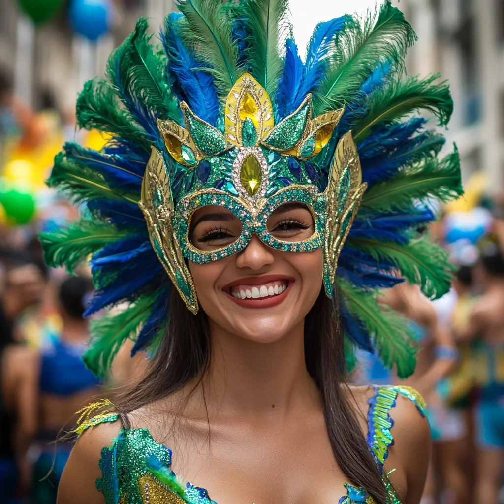 Here's a description of the image:

Close-up view of a woman, possibly a carnival performer, adorned in a vibrant headdress and mask. The headdress is a magnificent spectacle of blue and green feathers, arranged in a dramatic, upward-sweeping style. The mask itself is intricately designed with teal, gold, and jeweled accents, covering her eyes but leaving her smiling mouth visible.  Her expression is joyful and radiant. The woman's long, dark hair frames her face, and she's wearing a shimmering, similarly colored costume, suggesting a festive or celebratory occasion like Carnival. The background is blurred but shows a bustling crowd, hinting at a lively parade or street festival.