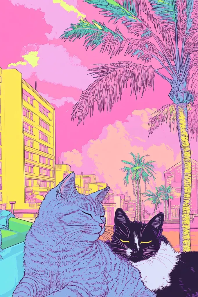 Here's a description of the image:

The illustration showcases two cats nestled together against a vibrant, stylized backdrop.  One cat is a muted purple-blue, the other black and white.  They are positioned against a backdrop of pastel pink and yellow buildings, palm trees, and a stylized sunset. The color palette is highly saturated and reminiscent of 80s or 90s pop art, with bold outlines and a flat, almost cartoonish style. The overall mood is calm and peaceful, despite the bold colors. The scene evokes a feeling of tropical relaxation.