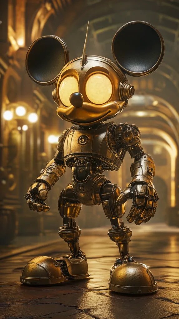A steampunk-styled robotic Mickey Mouse stands in a dimly lit, arched hallway.  His body is constructed of gleaming gold metal, revealing intricate gears and joints.  Large, round ears and glowing eyes complete the iconic design. The background suggests an old, opulent building, enhancing the robot's antique aesthetic. The overall image is one of detailed craftsmanship and a blend of classic character and futuristic technology.