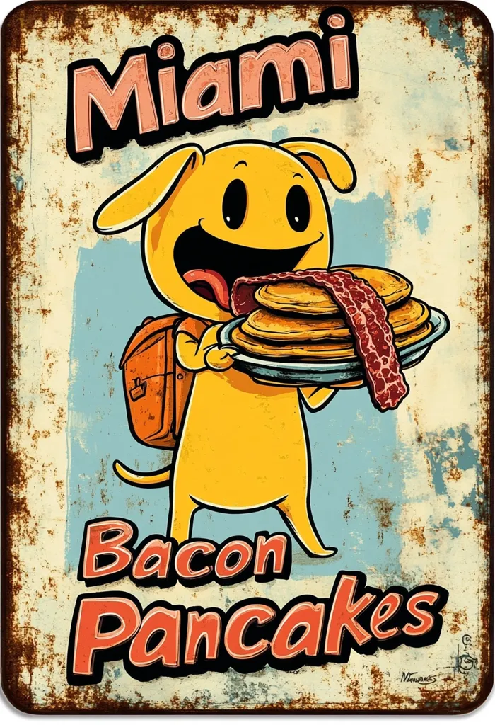 A retro-style metal sign advertises "Miami Bacon Pancakes."  A cheerful, yellow, dog-like character with a backpack carries a plate of pancakes topped with a strip of bacon. The dog's tongue is playfully sticking out. The sign's distressed, rusty texture adds a vintage aesthetic.  The overall design is cartoonish and fun, suggesting a playful and appetizing breakfast option.