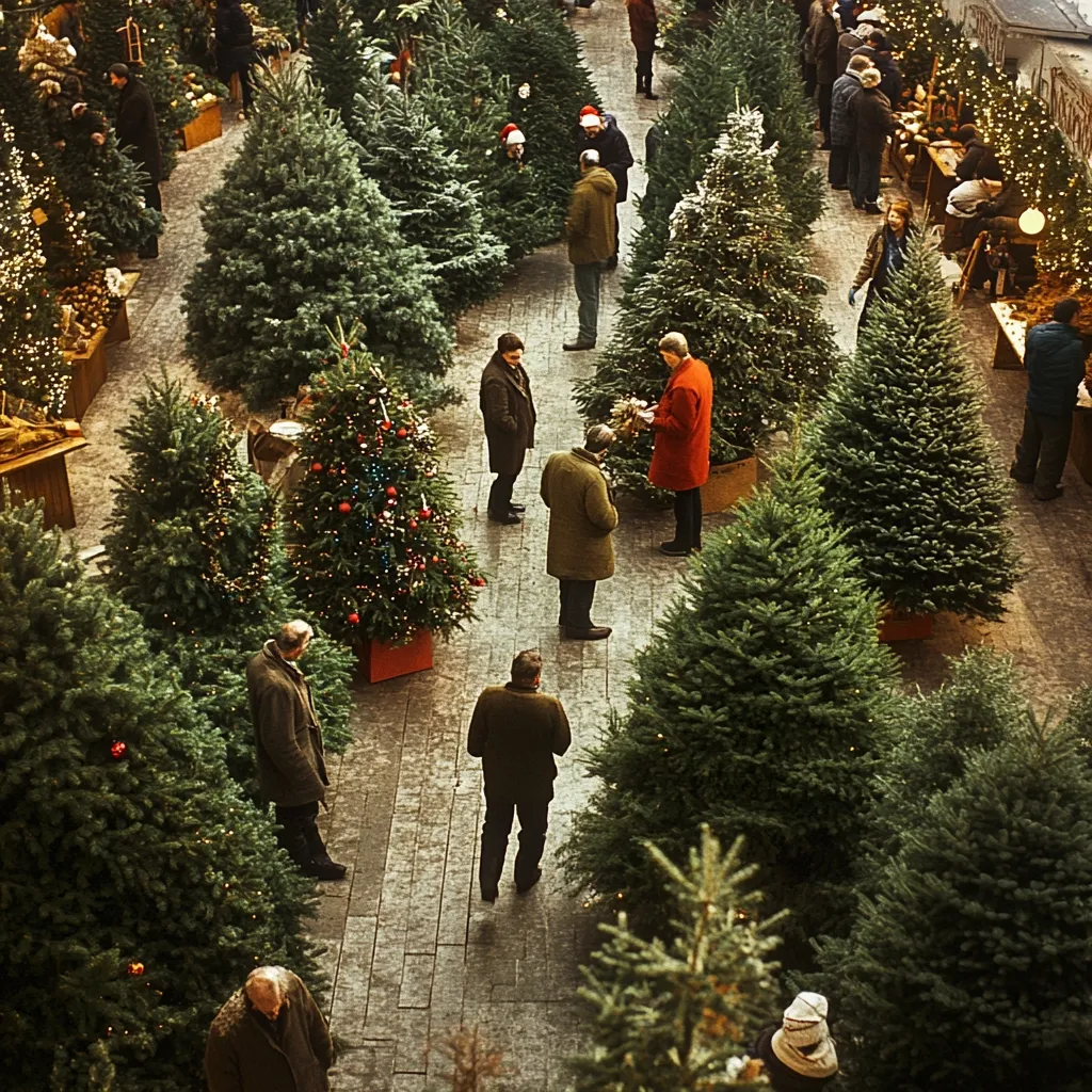 Here is a description of the image:

An aerial view of a bustling Christmas tree lot reveals numerous evergreen trees of varying sizes, adorned with ornaments and twinkling lights. Customers browse among the trees, some examining selections closely, others conversing with vendors.  The setting appears to be outdoors, possibly a market or temporary pop-up shop, with a paved ground visible beneath.  A festive atmosphere is evident, reflecting the holiday season. People are dressed warmly, and the overall color palette is muted greens, browns, and the occasional red of holiday attire.