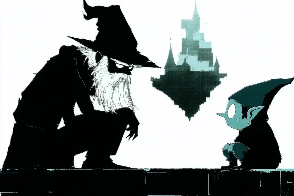 Here's a description of the image:

The artwork depicts a stark, high-contrast scene. A large, silhouetted wizard, cloaked and wearing a pointed hat, crouches in the foreground, his long white beard prominent. He gazes towards a smaller, teal-toned elf-like creature also crouched, who faces a floating, dark-teal castle in the background. The style is graphic novel-esque, with bold lines and minimal shading.  The overall mood is mysterious and slightly ominous, focusing on the interaction between the two figures and the distant, somewhat foreboding castle.