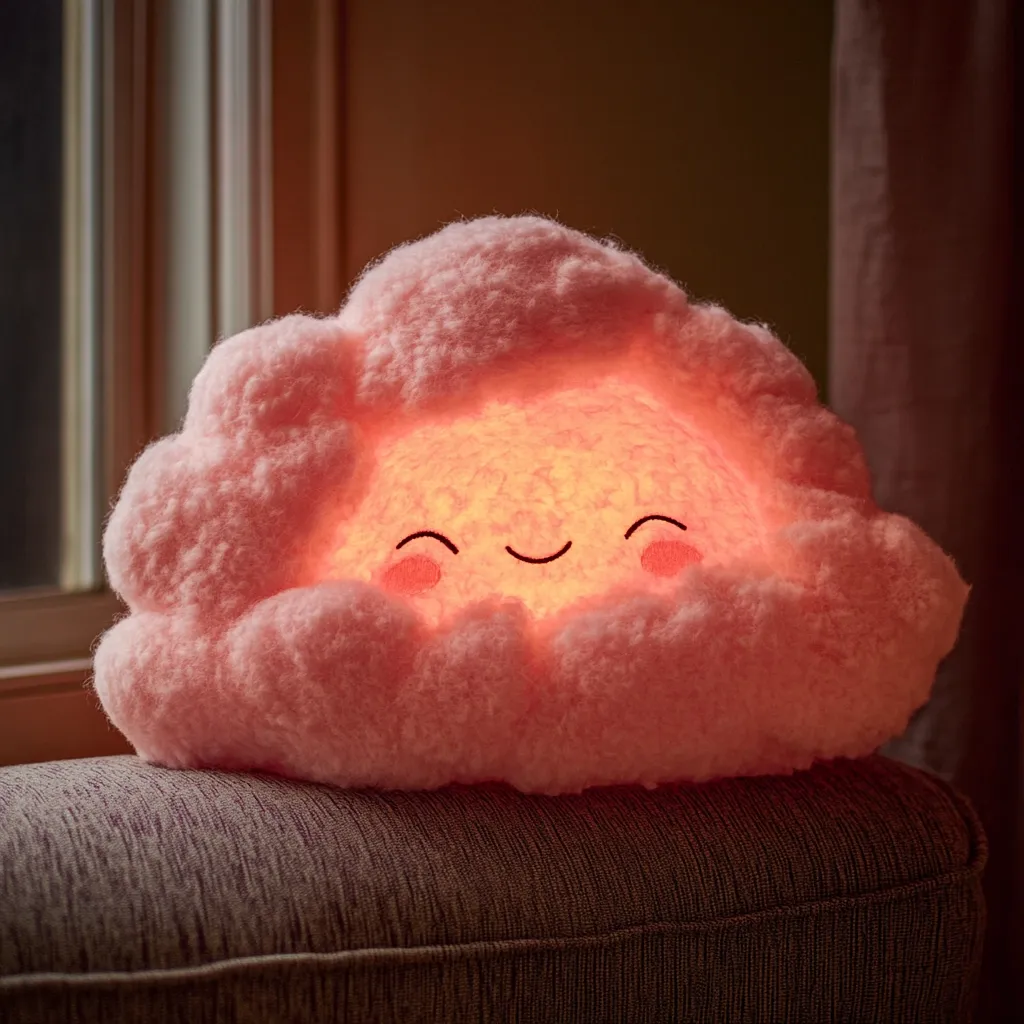 A fluffy, pink cloud-shaped nightlight sits on a gray couch near a window.  The cloud is illuminated from within, revealing a smiling face. Its soft, plush texture and cheerful expression create a calming and whimsical atmosphere, perfect for a child's bedroom. The warm glow casts a gentle light, suggesting comfort and tranquility.
