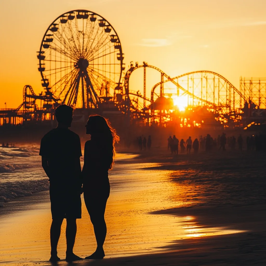 Here is a description of the image:

Silhouetted against a vibrant sunset, a young couple stands hand-in-hand on a beach.  Behind them, a brightly lit amusement park looms, featuring a large Ferris wheel and roller coasters.  The sun, a fiery orb, sets directly behind the park, casting a warm golden glow across the sand and water.  A crowd of people is visible in the distance, adding to the lively atmosphere.  The overall mood is romantic and serene, capturing a beautiful moment at the beach during sunset.