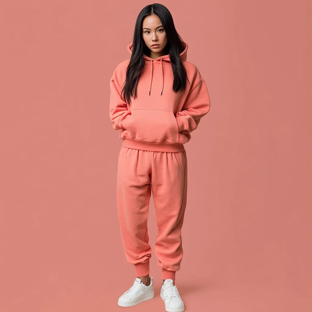 A young Asian woman with long dark hair stands against a pale coral background. She wears a matching coral hoodie and sweatpants, a casual and comfortable outfit.  Her hands are in the kangaroo pocket of the hoodie. She's wearing simple white sneakers and looks directly at the camera with a neutral expression. The overall image is clean and minimalistic.