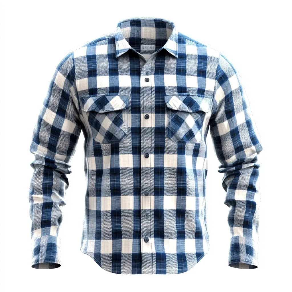 The image shows a men's long-sleeved flannel shirt.  The shirt is a blue and white plaid pattern with a classic button-down closure.  It features two chest pockets with button flaps.  The shirt is shown flat against a white background, presenting a front view with sleeves folded. The fabric appears soft and possibly woven. The overall style is casual and versatile.