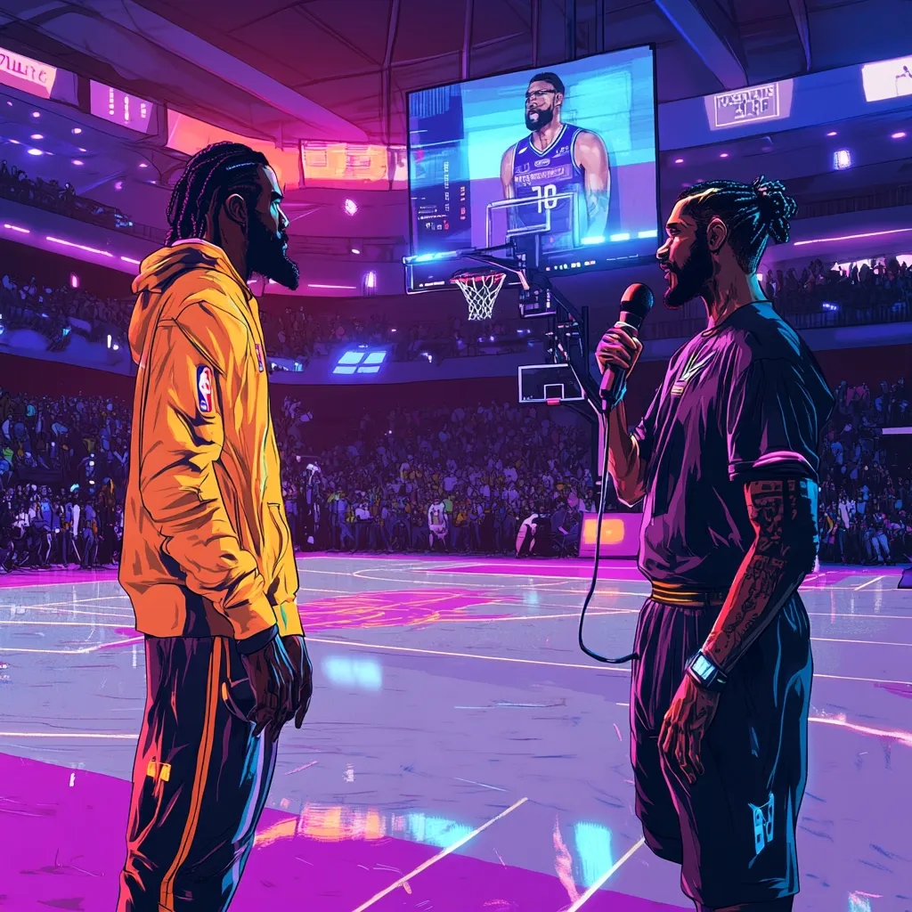 A stylized illustration depicts a post-game interview in a vibrant, neon-lit basketball arena.  A player in a yellow Lakers jersey stands silently, facing a reporter holding a microphone.  A large screen displays a close-up of the same player, possibly highlighting a recent play. The arena is packed with spectators, creating a dynamic and energetic atmosphere. The art style is bold, with sharp lines and vivid color contrasts.