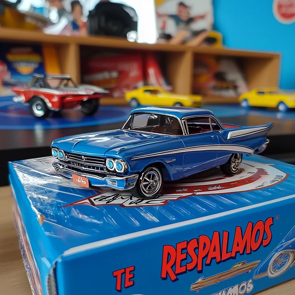 Here's a description of the image:

Close-up view of a vibrant blue diecast model car, resembling a classic 1960s American coupe, sitting on a bright blue box. The box features the word "RESPALDAMOS" in bold red lettering and smaller text, "TE," suggesting Spanish. Other smaller diecast cars are blurred in the background, showcasing a collection or display. The setting appears to be a shelf or table in a room, with a slightly out-of-focus backdrop implying a playful or hobby-related environment.  The main focus is the sharp detail and bright color of the model car.