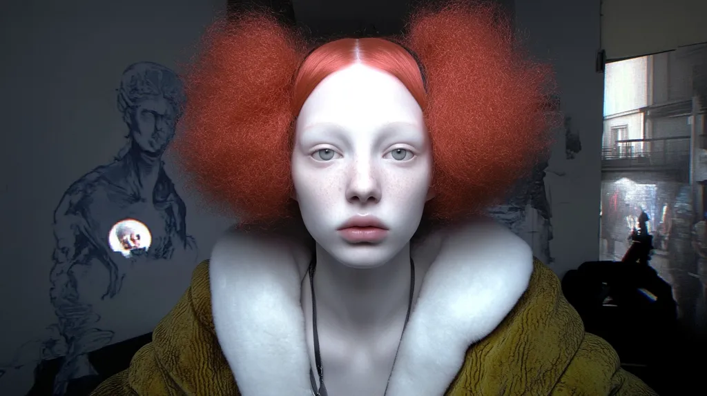 Close-up view of a stylized female figure.  She has extremely pale skin, bright red, voluminous hair styled in two large puffs, and is wearing a mustard-yellow coat with a white faux-fur collar.  A dark necklace is partially visible. The background features a blurred image of a classical-style figure and a city street scene projected onto a wall. The overall aesthetic is surreal and artistic, possibly from a fashion shoot or digital artwork.