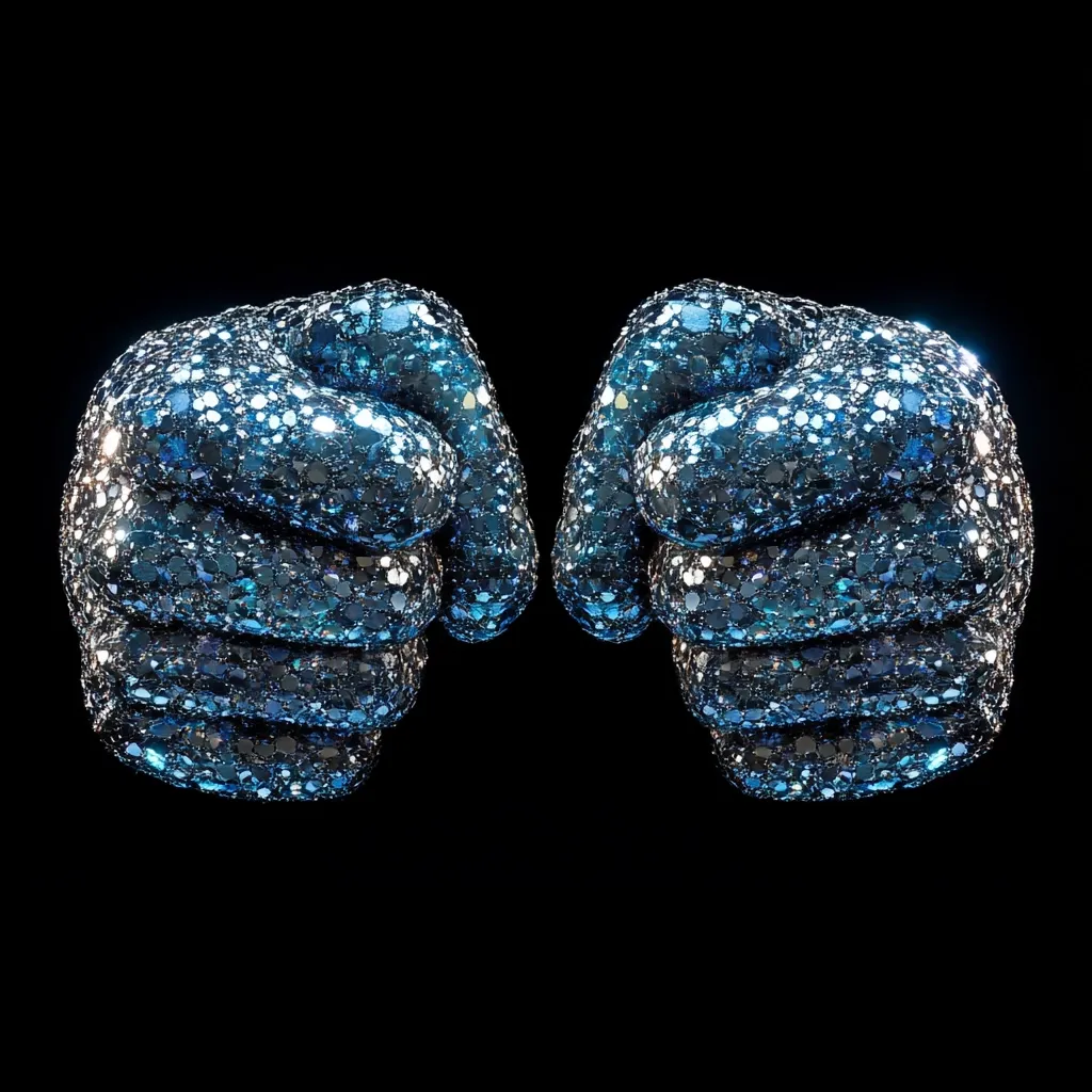 Here's a description of the image:

The image shows a close-up view of two fists facing each other, set against a stark black background.  The fists appear to be made of a metallic material, possibly steel or titanium, with a textured surface composed of numerous small, shimmering, blue-toned facets. This gives them a sparkling, almost jewel-like appearance.  The lighting highlights the facets, creating a sense of depth and dimension. The composition is symmetrical, with the fists positioned identically on either side of the central axis. The overall effect is one of power, confrontation, or perhaps even a stylized representation of strength and resilience.