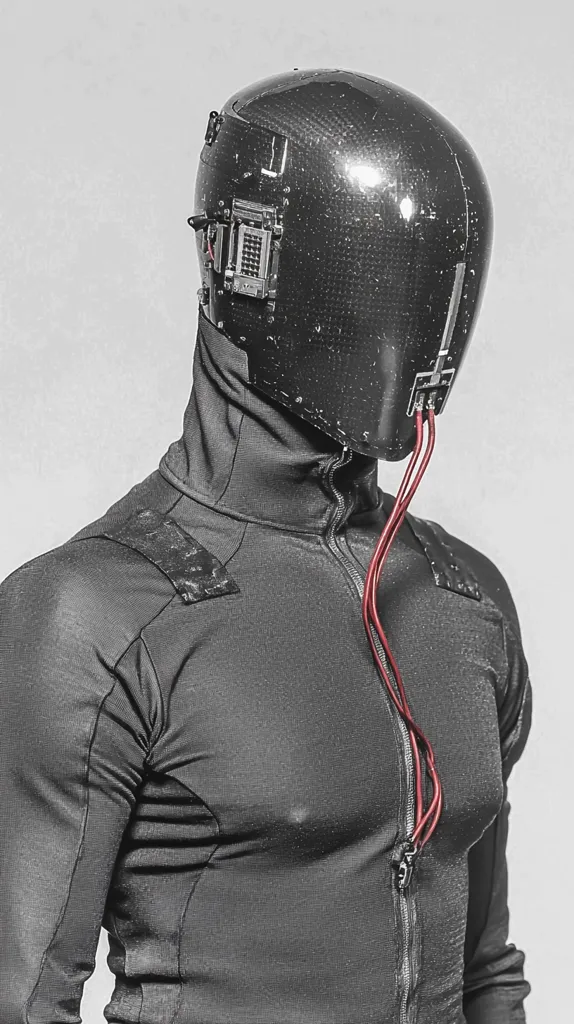 Here's a description of the image:

The image shows a person wearing a futuristic, dark-colored, form-fitting bodysuit and a sleek, black helmet that obscures their face. The helmet is made of a glossy material, possibly carbon fiber, and features technological elements like small boxes and wires.  Thin, maroon cords extend from the helmet down the front of the garment. The overall style is minimalist and suggestive of a cyborg or advanced technological aesthetic. The background is a plain, light gray.