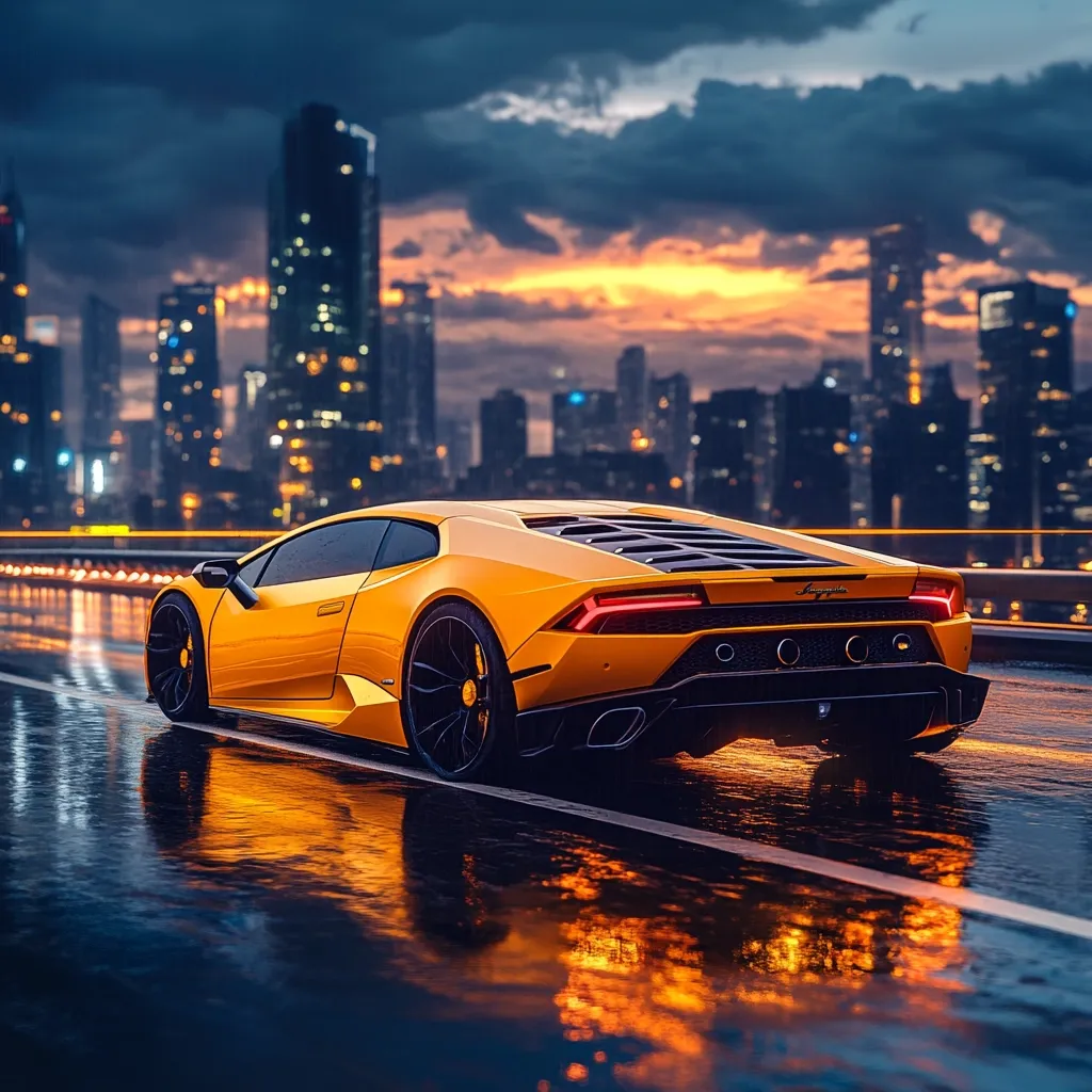 A vibrant yellow Lamborghini Huracán, viewed from the rear, is the focal point of the image. It's parked on a rain-slicked road, with its reflection mirrored in the wet asphalt.  The backdrop is a stunning cityscape at sunset, with skyscrapers illuminated against a twilight sky. The scene suggests speed, luxury, and the allure of urban life, creating a captivating contrast between the sleek car and the dynamic city lights.