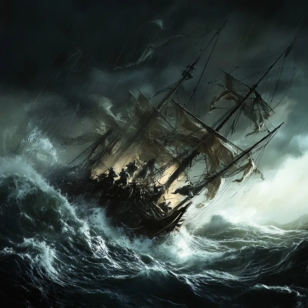 A dramatic depiction of a large, old sailing ship battling a ferocious storm at sea.  The ship is tossed about by monstrous waves, its tattered sails billowing wildly in the wind and rain.  Figures huddled on deck appear small against the immense power of the tempest. The dark, stormy sky and turbulent ocean create a mood of intense peril and impending doom.  The overall impression is one of struggle against overwhelming natural forces.
